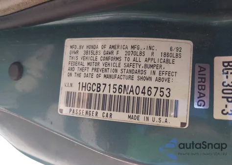 1992 Honda Accord Lx z USA, uszkodzony, nr VIN 1HGCB7156NA046753